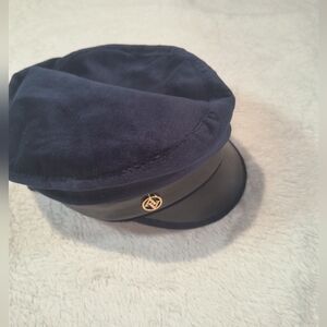 NWT Adrienne Vittadini Navy Blue Velvet Baker Boy Hat Newsboy Cabbie Cap Gold Lo